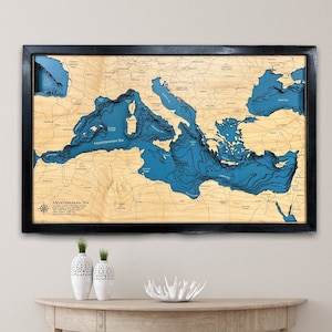 Mittelmeer, Küstenkarte, 3D Karte aus Holz, maritime Karte, Küstendeko, maritime Wanddeko, Stranddeko