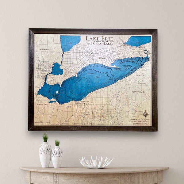 Lake Erie Map, Great Lakes, Custom lake map, nautical decor, Lake house Decor, fishing map, wedding gift, Lake Map