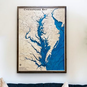 Décoration murale de la baie de Chesapeake, carte personnalisée 3D | décoration nautique | Décoration de maison au bord du lac | carte de pêche | cadeau de mariage | Carte du lac | carte en bois