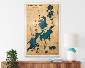 Chain O’Lakes | Custom lake map | nautical decor | Lake house Decor | fishing map | wedding gift | Lake Map |