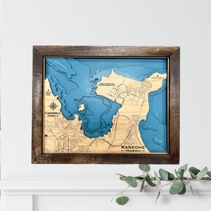 Kaneohe, Hawaii, Coastal 3D wood map, Nautical decor, beach decor, nautical map, coastal decor, nautical wall decor