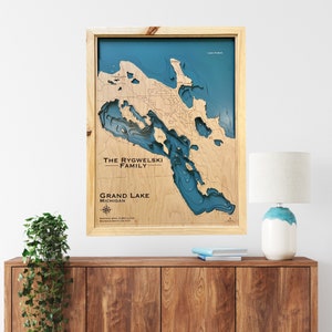 Grand lake, Michigan, Custom Wood Map, Lake House Decor, Lake Map, Wood Lake Map, Custom lake map, Depth Map, Cabin Decor,