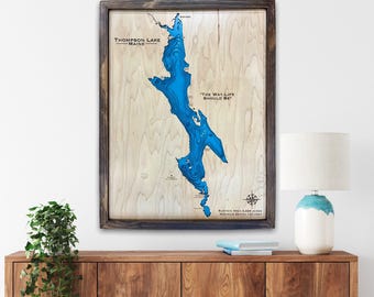Thompson lake, Maine (choose your design) Custom Wood Map, Lake House Decor, Lake Map, Wood Lake Map, Custom lake map, Depth Map, Cabin