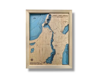 Lake Leelanau, Custom Wood Map, 3D Wall Art, Contour Map Lake House Decor, Lake Map, Depth Map, Lake Gift, Lake House, Lake Art