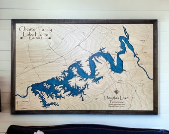 DOUGLAS LAKE map, Missouri, Custom lake map, nautical decor, Lake house Decor, fishing map, unique wedding gift, Lake Map, wooden map