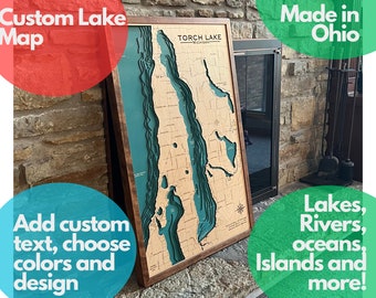 3D wood carved lake map, Any Lake Customized Wood Art, 3D Custom Lake Map, Choose your Design, Best value, Lake decor