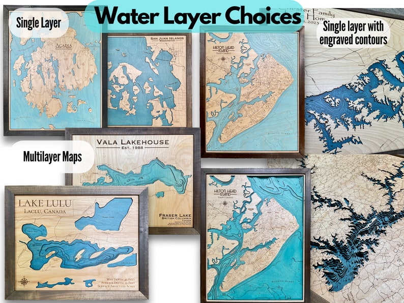 ANY LAKE Customized Wood Map, River or Coastline Wood Laser Engraved Map, Contour map, Lake house decor, 3D Custom Lake art, lake sign image 5