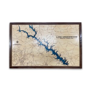 Lake Greenwood, aangepaste houten kaart, decor meerhuis, kaart meer, kaart houten meer, aangepaste meerkaart, dieptekaart, decor hut,