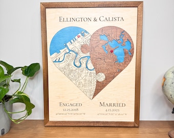 Newly Wed Gifts, Two Locations Map Heart Puzzle Map Wooden Framed Wall Art, Personalized Wedding Gifts for Couple, 5th Anniversary Gift