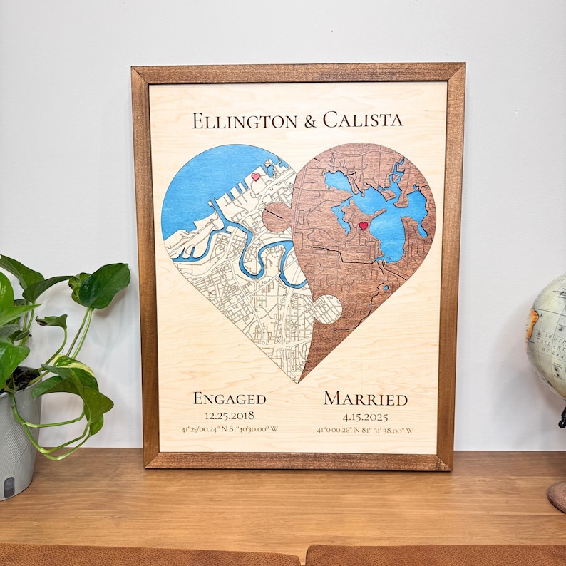 Wedding Gifts, Two Locations Heart Puzzle Map Wooden Framed Wall Art ...
