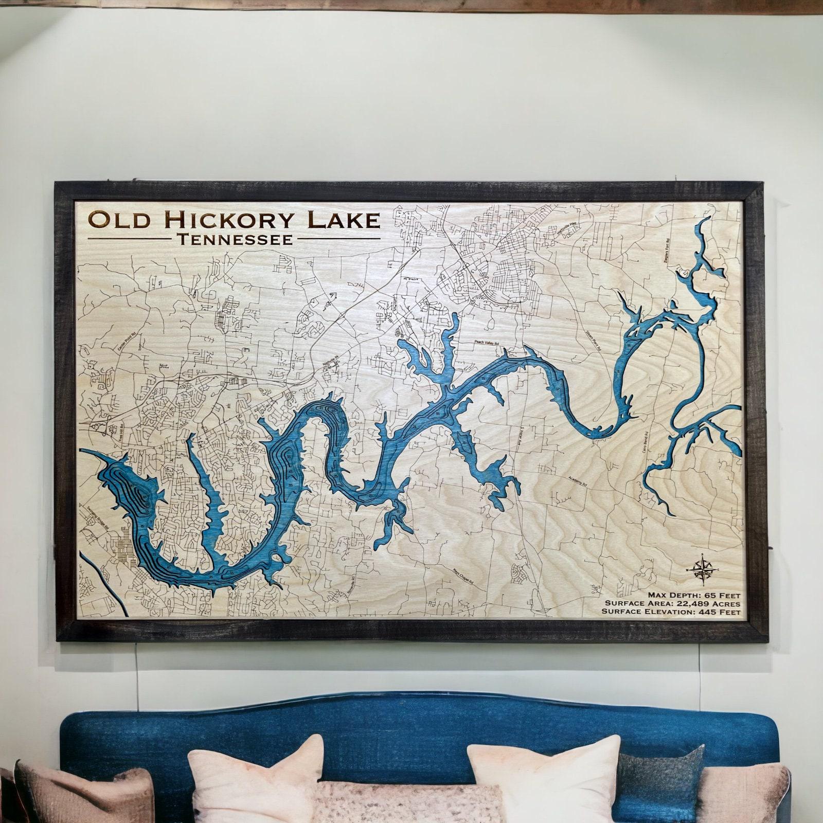 Old Hickory Lake Custom Wood Map, 3D Wall Art, Contour Map Lake House