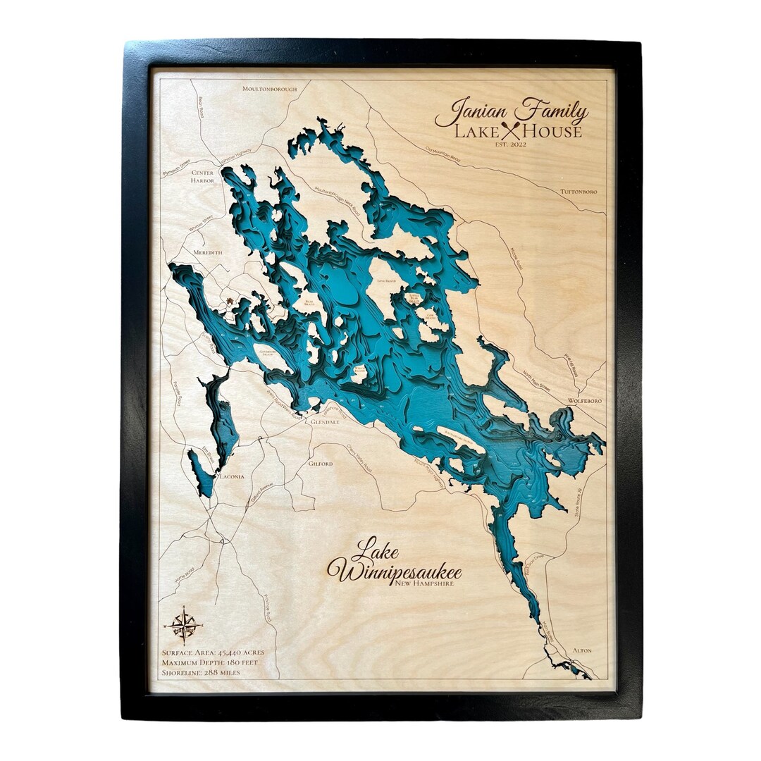 Lake Winnipesaukee, Lake House Decor,custom Wood Map, Depth Map, Wood