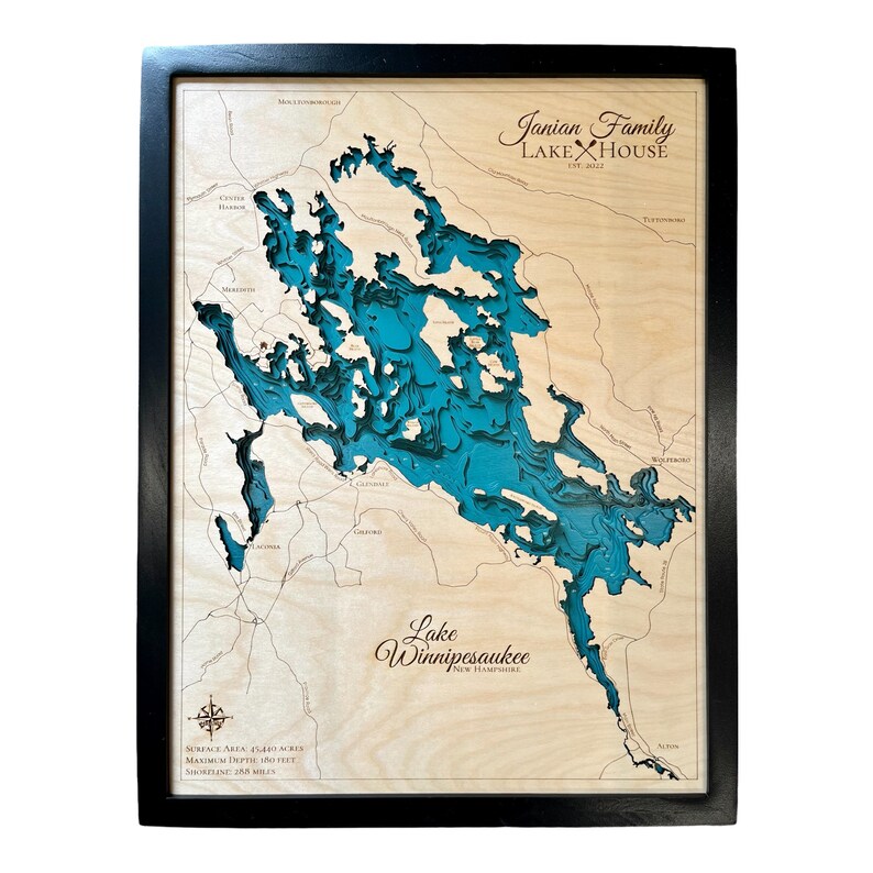 Lake Winnipesaukee Lake House Decorcustom Wood Map Depth Etsy