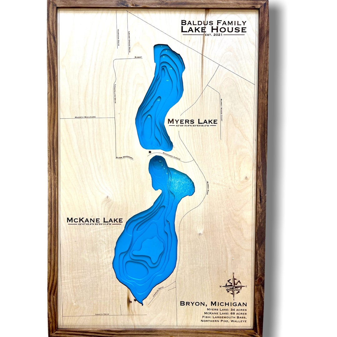 Myers Lake, Mckane Lake, customizable, Custom Wood Map, Lake House
