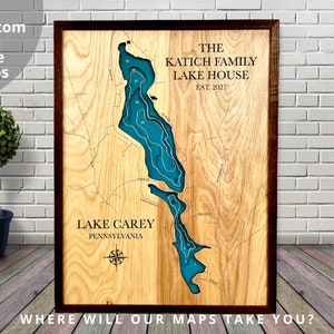Lake Carey, Custom Wood Map, Lake House Decor, Sign, Custom Lake Map, Cabin Lake Map, Family Cabin Art, Lake House Art