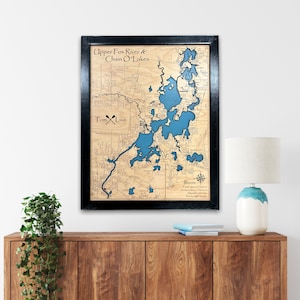 Fiume Fox superiore e lago Chain O'Lake / Mappa personalizzata del lago / Decorazioni nautiche / Decorazioni per case sul lago / Mappa per la pesca / Regalo di nozze / Mappa del lago /