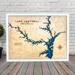 Lake Hartwell, aangepaste houten kaart, decor meerhuis, kaart meer, kaart houten meer, aangepaste kaart meer, dieptekaart, decor hut,