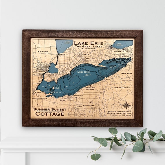 Lake Erie Map, Great Lakes, Custom Lake Map, Nautical Decor, Lake