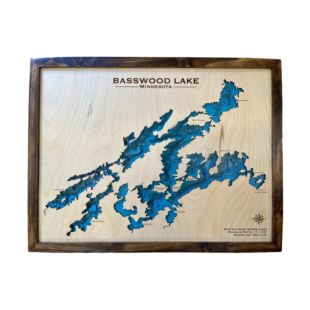 Basswood Lake Minnesota Lake House Decor Lake Map Wood Lake Etsy