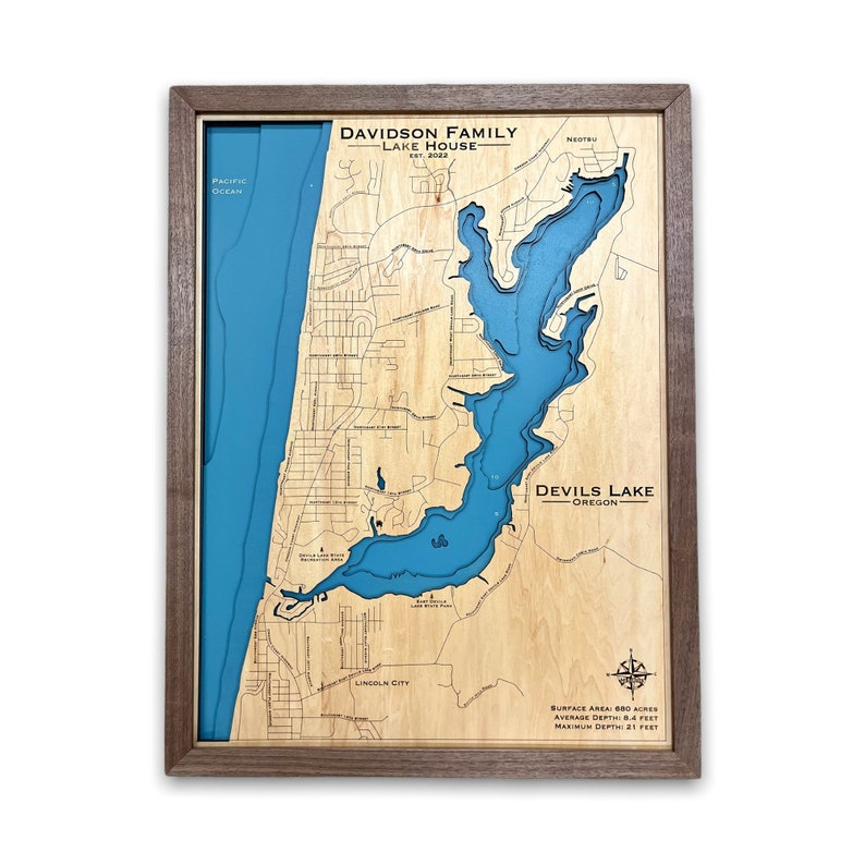 Devils Lake Custom Wood Map Depth Map Wood Map Gift Art Etsy