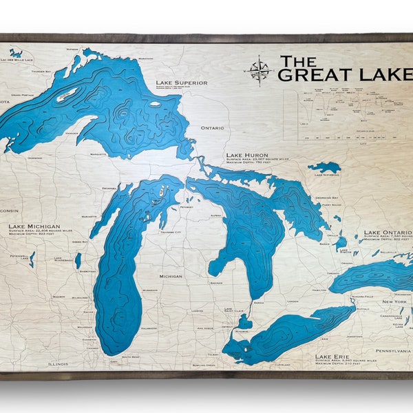 Great Lakes map, Lake Erie, Lake Michigan, Lake Superior, Lake Huron, Ontario, Custom lake map, Lake house Decor | wedding gift | Lake Map |