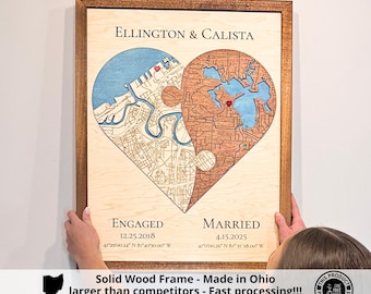 Custom Wood Heart Map, Newly wedding gifts, Two Location Wooden Framed City Map Wall Art, Gifts for Couple, 5th Anniversary Gift