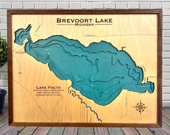 Brevoort Lake, Custom Wood Map, Lake House Decor, Lake Map, Wood Lake Map, Custom lake map, Depth Map, Cabin Decor,