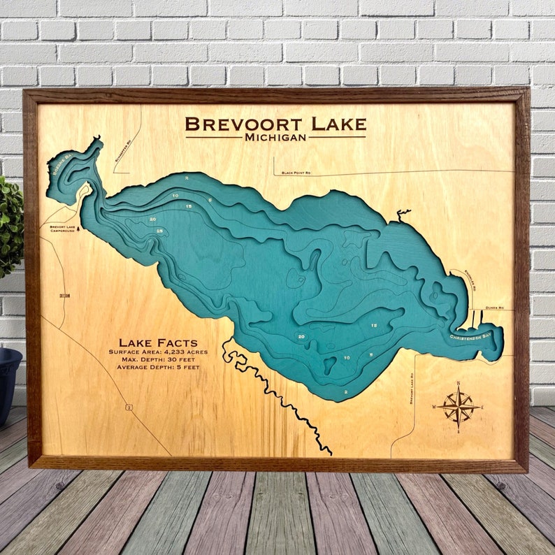 Brevoort Lake, Custom Wood shops Map, Lake House Decor, Lake Map, Wood Lake Map, Custom lake map, Depth Map, Cabin Decor,