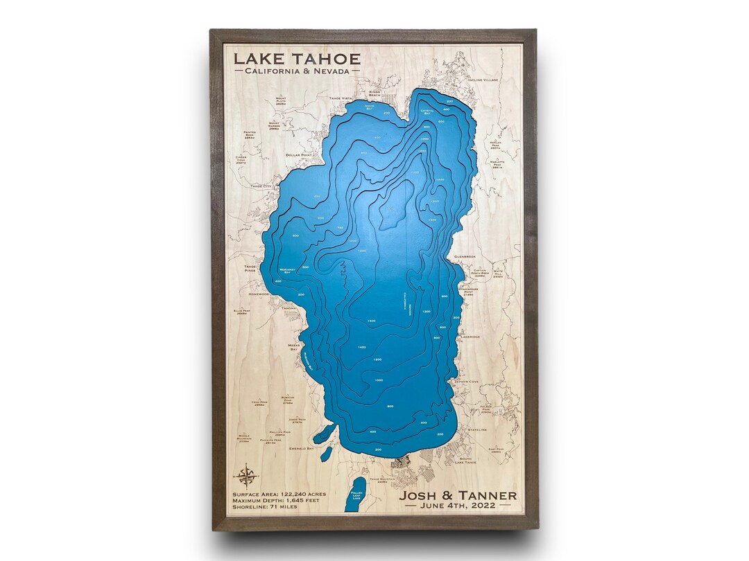 Lake Tahoe Custom Lake Map Nautical Decor Lake House Decor Fishing Map