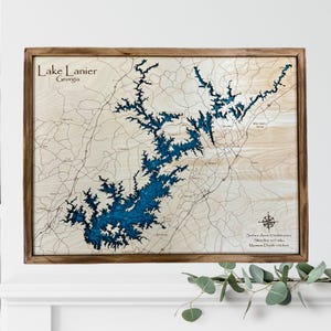 Lake Lanier, Georgia map, Lake House Decor, Lake Map, Wood Lake Map, Custom lake map