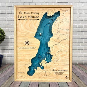 Lake Oscawana, Custom Wood Map, Lake House Decor, Sign, Custom Lake Map, Cabin Lake Map, Family Cabin Art, Lake House Art