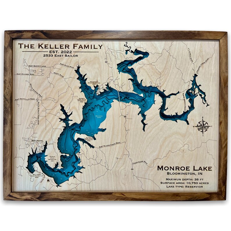 Monroe Lake Custom Wood Map Depth Map Wood Map Gift Art Etsy