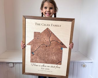 Personalized House Warming Gifts for Couple, New Home Gift, Custom City/Location Framed Wood Map Wall Art, , Apartment Decor, Closing Gift
