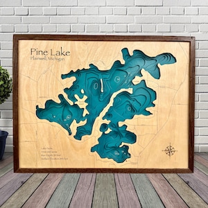 Pine Lake, scegli il tuo design personalizzato, mappa in legno personalizzata, decorazioni per case sul lago, mappa del lago, mappa del lago in legno, mappa del lago personalizzata, mappa di profondità, decorazioni per cabine,