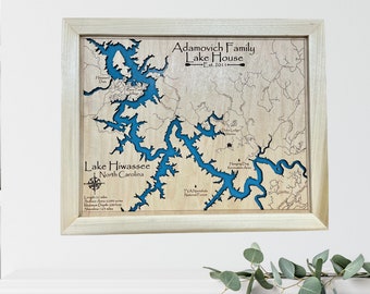 Lake Hiwassee, North Carolina | Custom Wood Map, Lake House Decor, Lake Map, Wood Lake Map, Custom lake map, Depth Map | choose your design