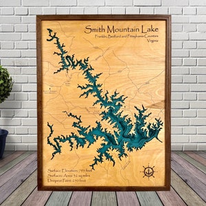 Smith Mountain Lake, mappa in legno personalizzata, decorazioni per case sul lago, mappa del lago, mappa del lago in legno, mappa del lago personalizzata, mappa di profondità, decorazioni per baite,