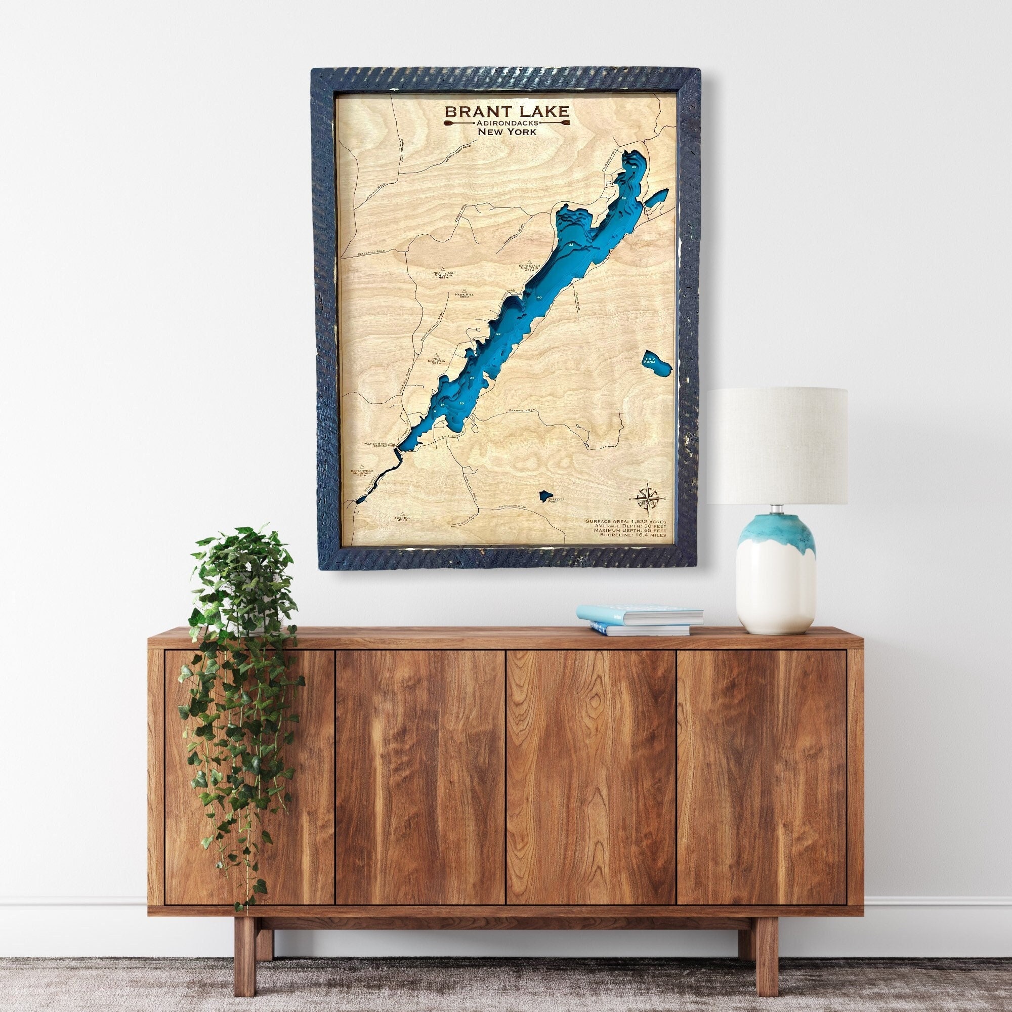 Brant Lake Custom Wood Map Depth Map Wood Map Gift Art Etsy