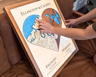 Wedding Gifts, Two Locations Heart Puzzle Map Wooden Framed Wall Art, Personalized Wedding Gifts for Couple, 5th Anniversary Gift for Wife