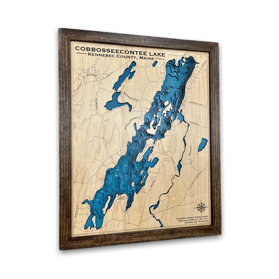 Cobbosseecontee Lake Custom Lake Map Nautical Decor Lake Etsy