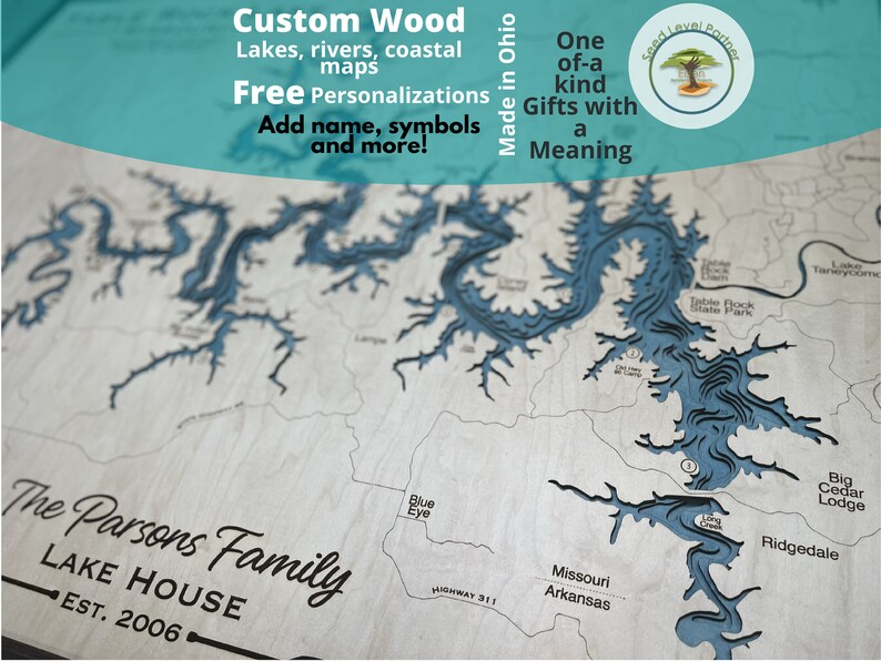 ANY LAKE Customized Wood Map, River or Coastline Wood Laser Engraved Map, Contour map, Lake house decor, 3D Custom Lake art, lake sign image 10