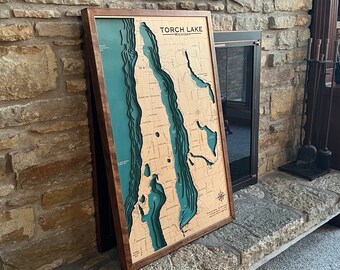 ANY LAKE Customized Wood Map, River or Coastline Wood Laser Engraved Map, Contour map, Lake house decor, 3D Custom Lake art, lake sign