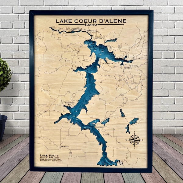 lake coeur d’alene, Lake peno oreille, Hayden lake, Idaho Custom Wood Map, Lake House Decor, Lake Map, Wood Lake Map, Custom lake map