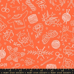 May include: A seamless pattern featuring white line drawings of knitting-themed imagery on a bright orange background. The pattern includes yarn balls, knitting needles, a butterfly, a bird, a flower, a mug, a heart, and the words "Purl" and "Yarn".