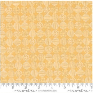 May include: A yellow fabric with a white pattern of various circles. The circles have different textures, including stripes, dots, and swirls.
