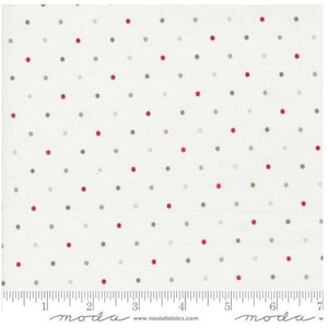 May include: White fabric with a repeating pattern of red, gray, and olive green polka dots. The fabric has a ruler printed along the bottom edge with the word "moda" and the website address.