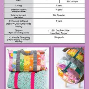 May include: A sewing pattern for a Patchwork Duffle Mini bag. The bag dimensions are 25.4cm H x 44.5cm W x 21cm D. The image shows two finished bags, one with a colorful patchwork design and the other in a teal fabric with pink straps.