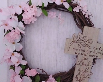 Christian Dogwood grapevine wreath with cross