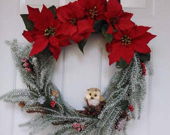 Red Poinsettia  Winter Evergreen Wreath