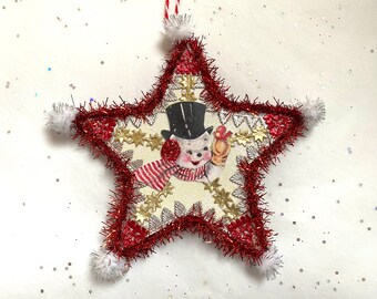 SNOWMAN Christmas ORNAMENT | 5” STAR Ornament  | Glittered & Dresden Die-cut Scrap | Vintage Style Snowman Ornament | Dreso23-12