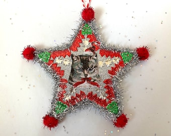 Santa CAT Christmas ORNAMENT | 5” STAR Ornament  | Glittered & Dresden Die-cut Scrap | Vintage Style Cat Santa Ornament | Dreso23-25